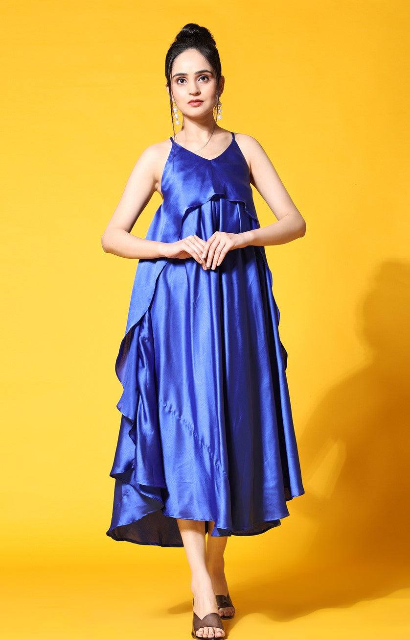 Blue Satin Slip Midi Dress for Women