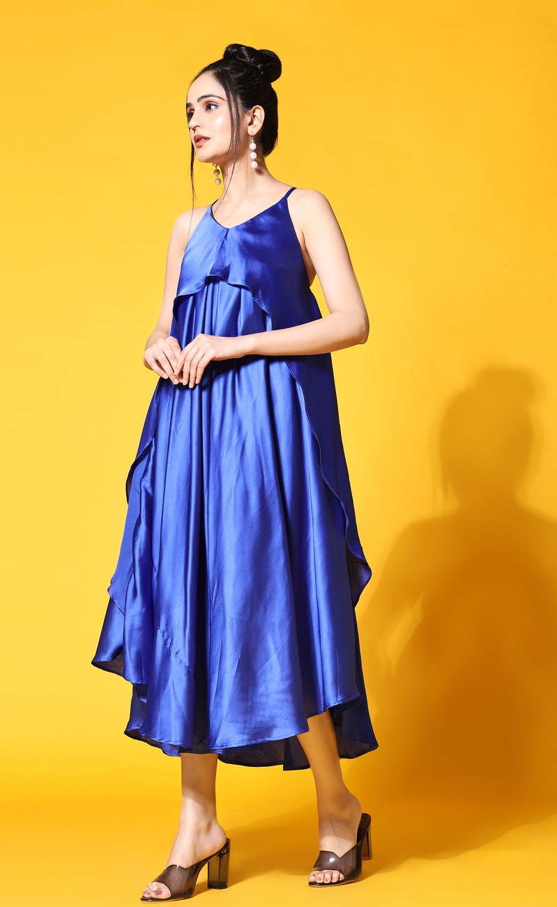 Blue Satin Slip Midi Dress for Women