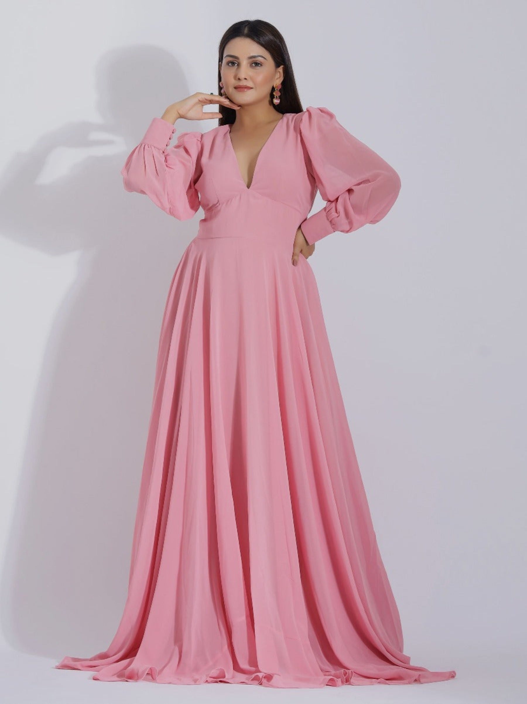 Deep V Baby Pink Gown for Women with Sleeves