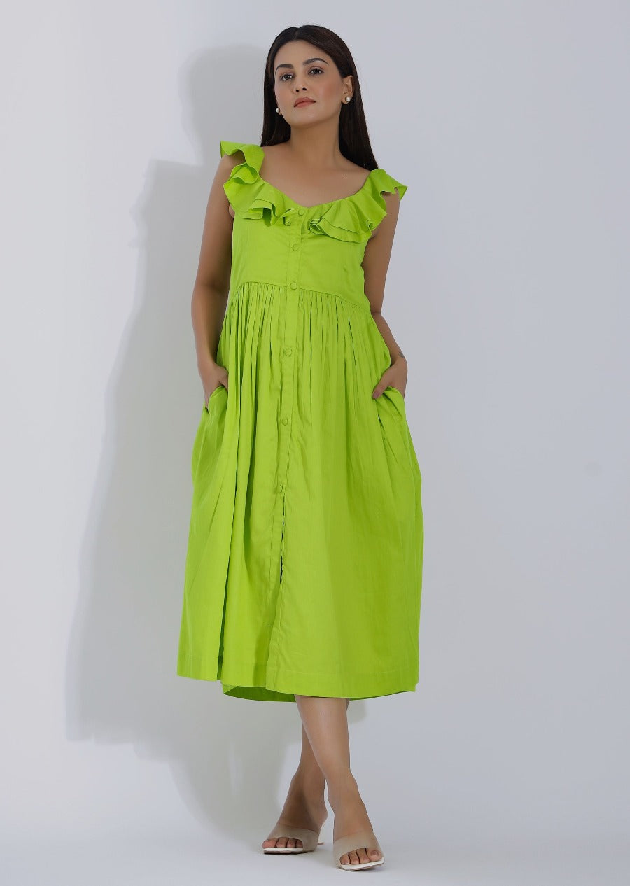 Parrot Green Cotton Summer Midi Dress
