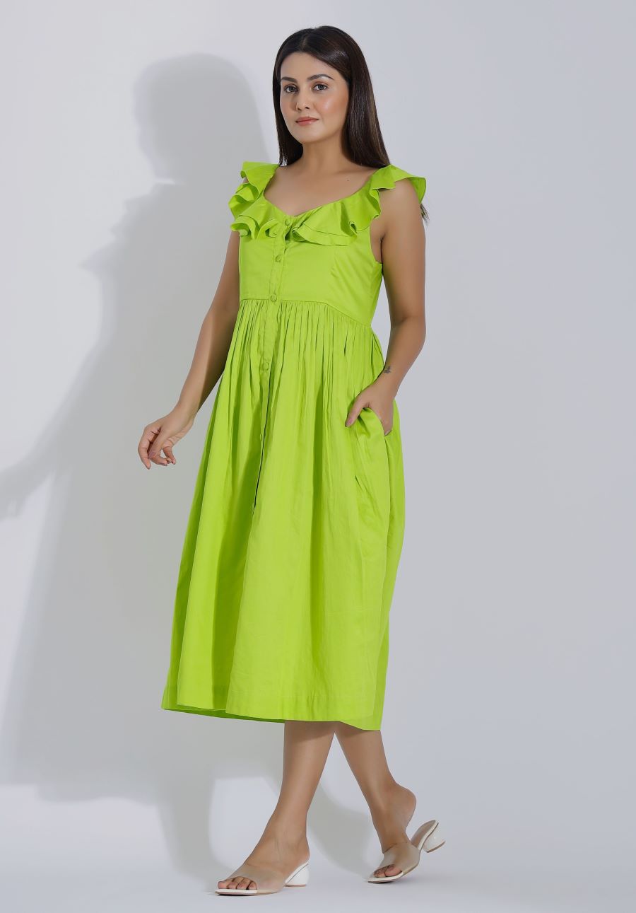 Parrot Green Cotton Summer Midi Dress