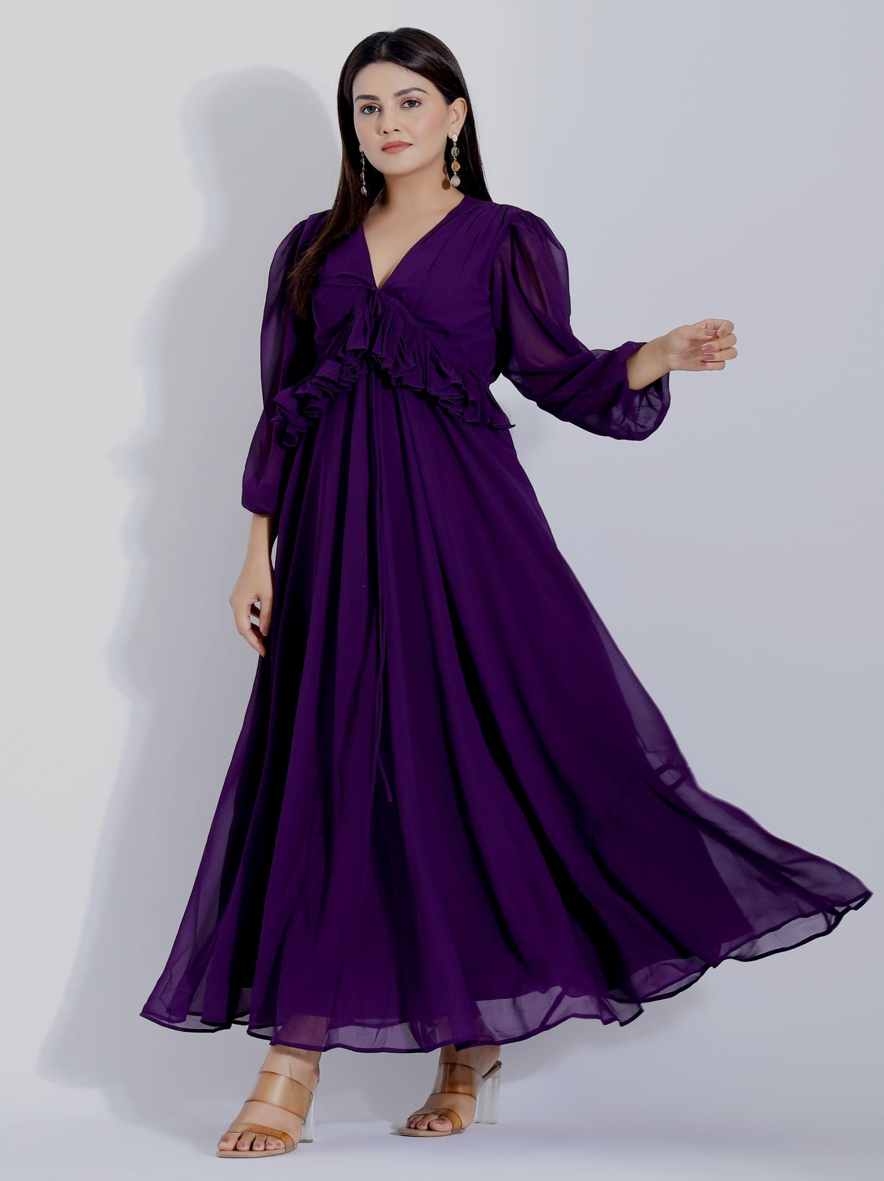 Deep v Neck Purple Gown with Long Sleeves