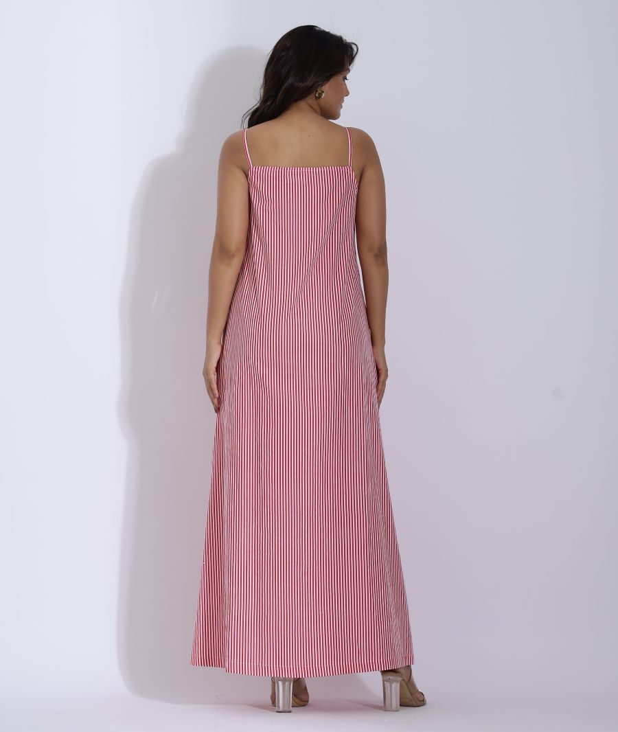 Red and White Vertical Striped Maxi Dress