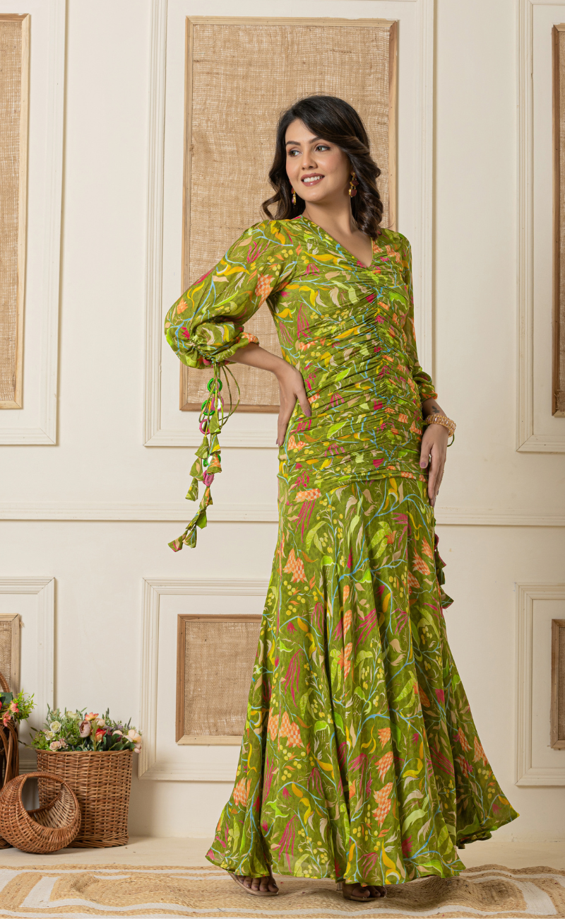 Printed Green Indo Western Gown