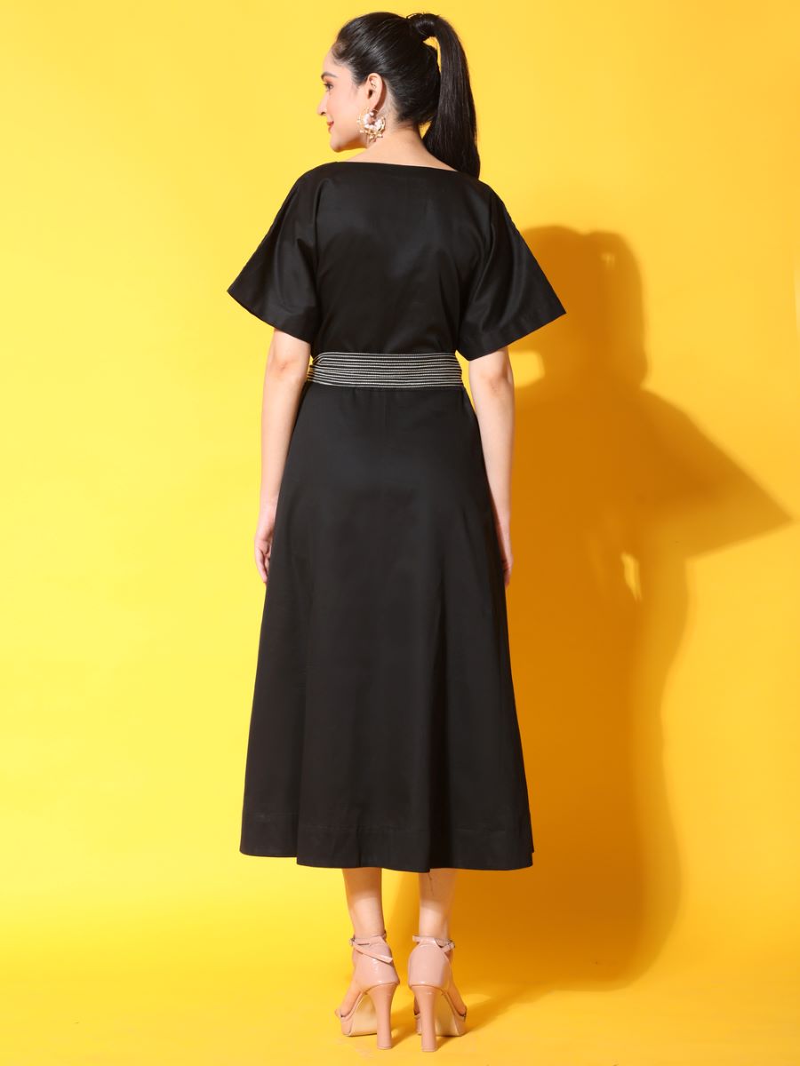 Black Flared Summer Modest Dress with Belt