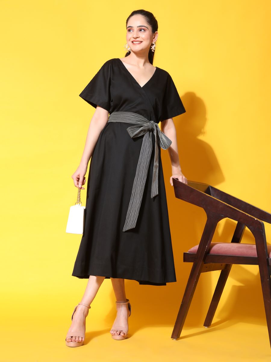 Black Flared Summer Modest Dress with Belt