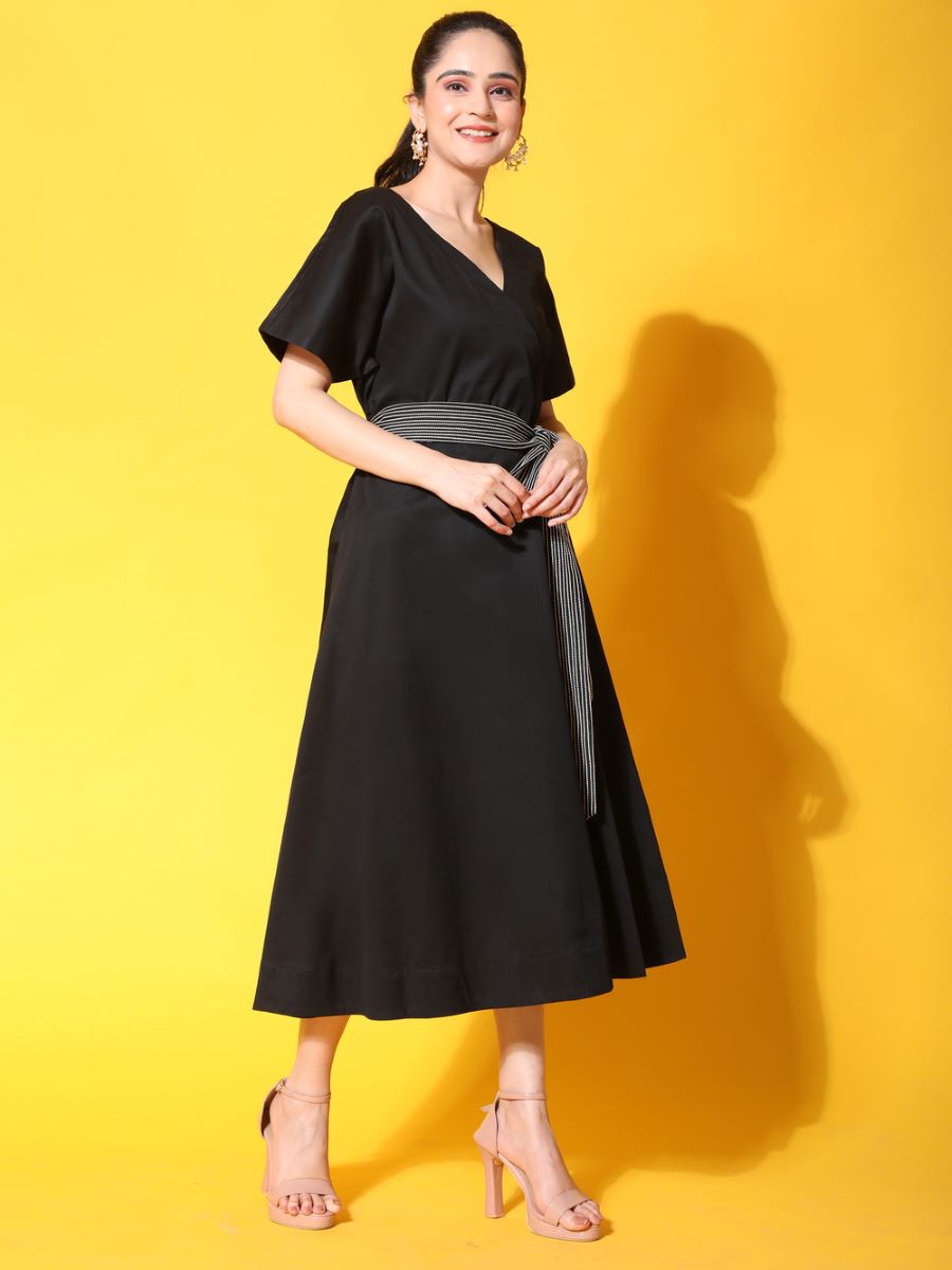 Black Flared Summer Modest Dress with Belt