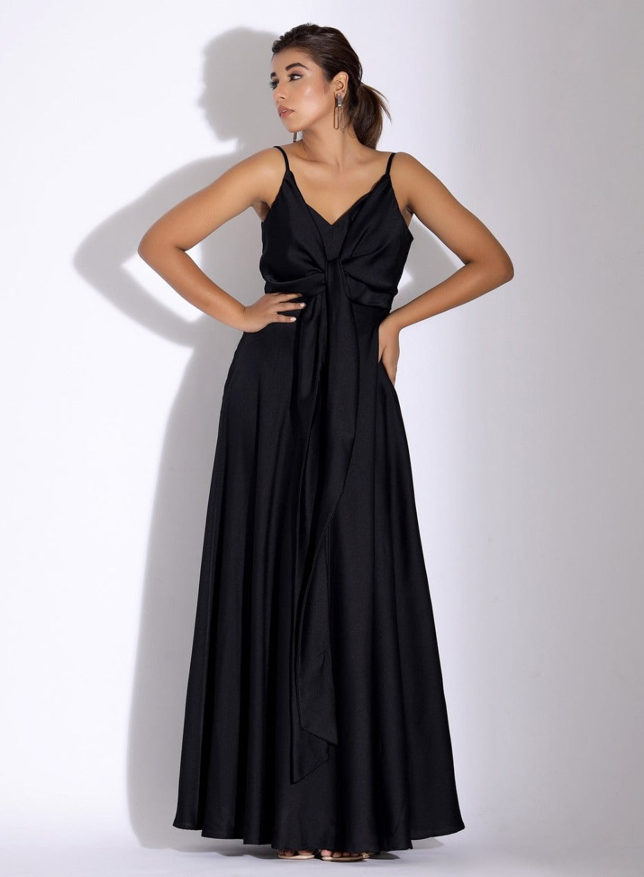 Shop Now: Satin Black Party Dress with Front Tie Detail – Plum and Peaches