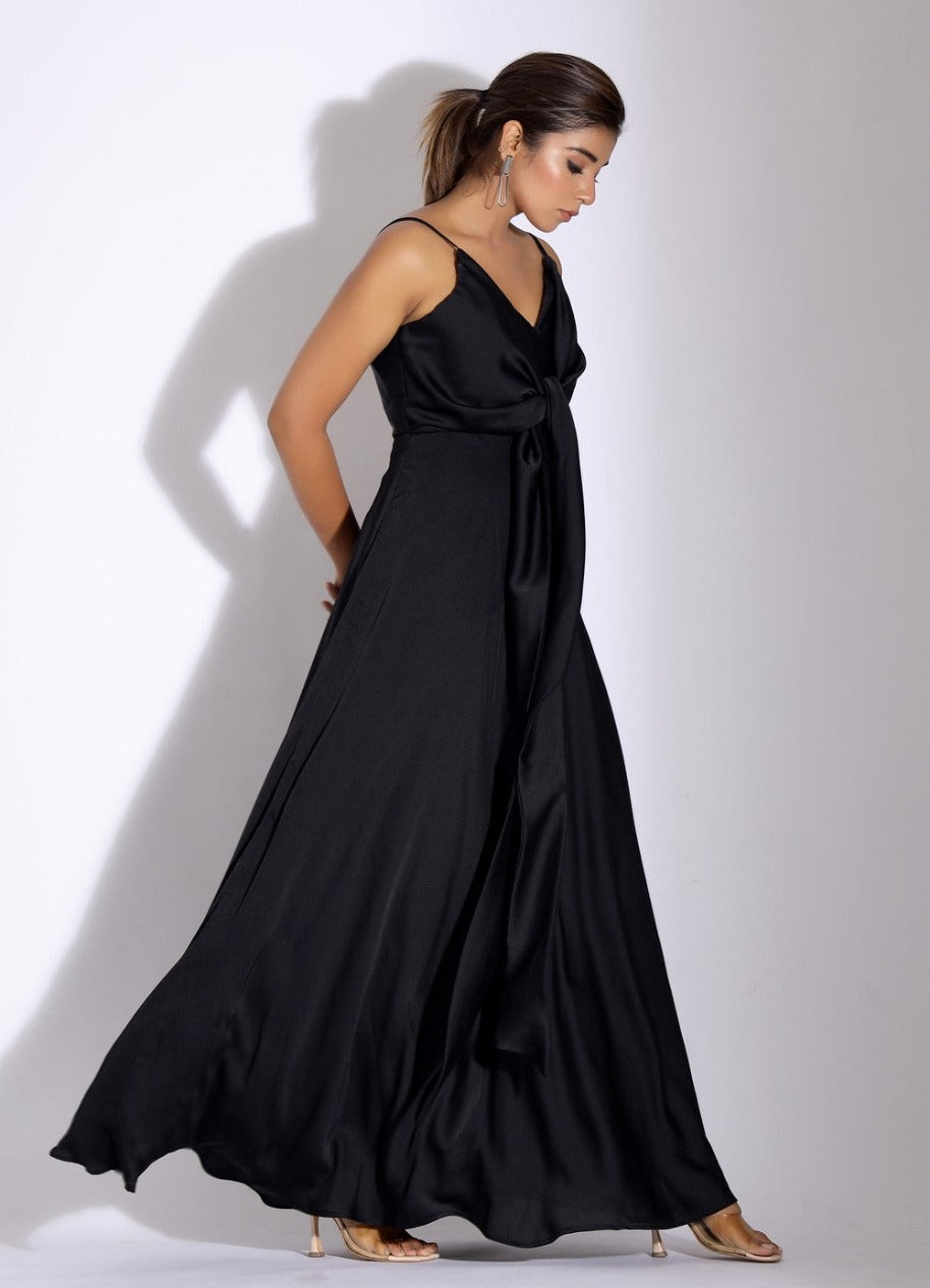 Shop Now: Satin Black Party Dress with Front Tie Detail – Plum and Peaches
