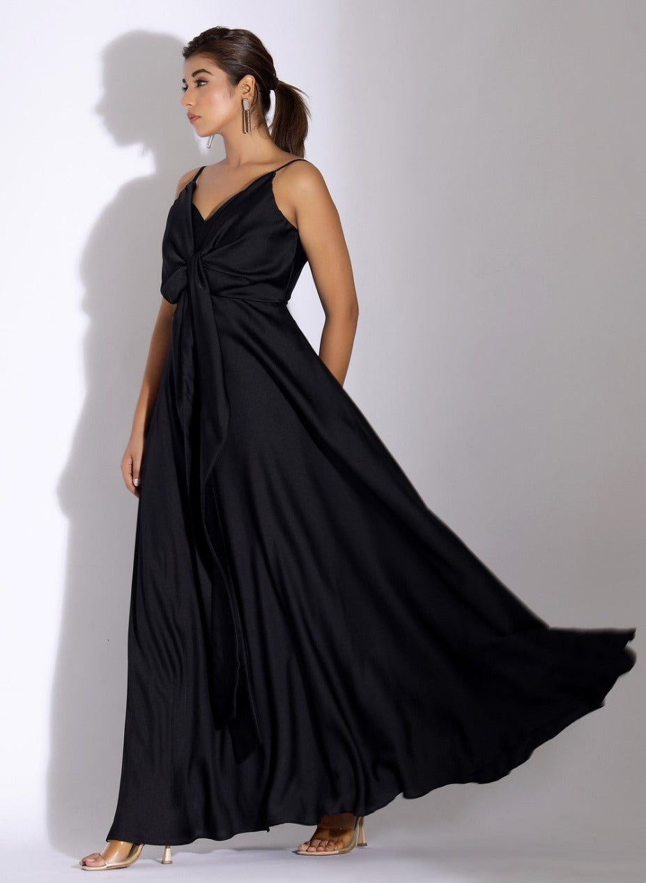 Shop Now: Satin Black Party Dress with Front Tie Detail – Plum and Peaches
