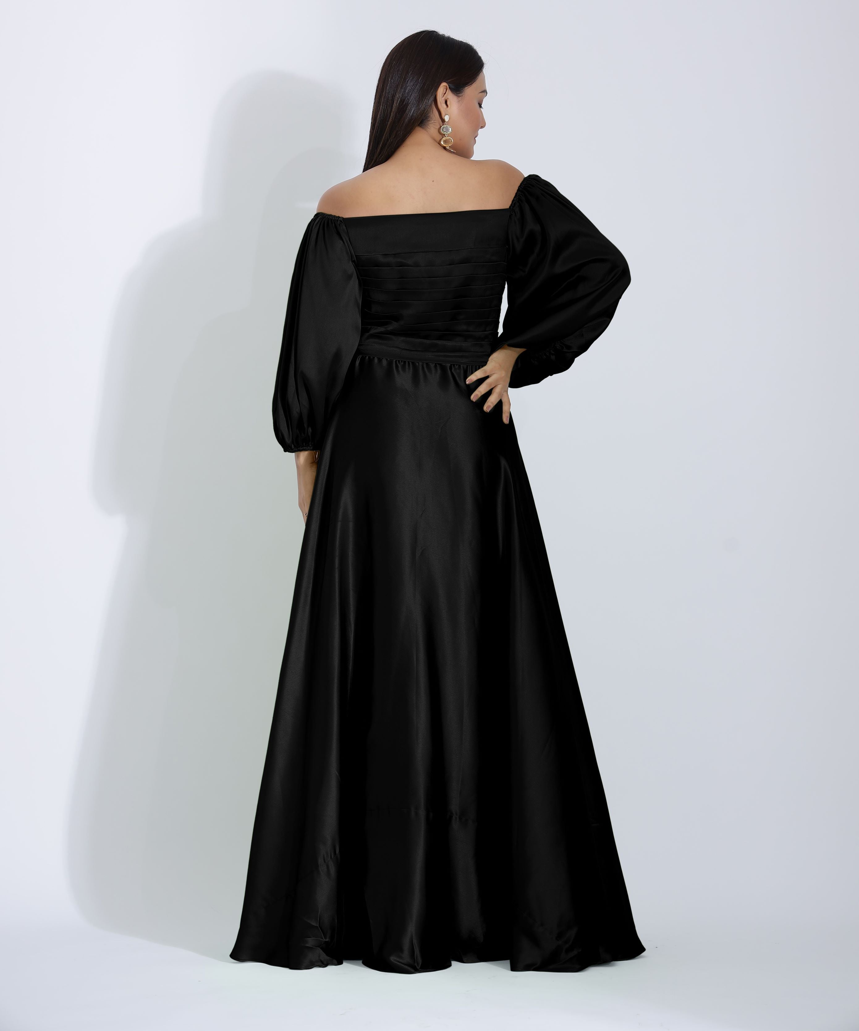 Black Pleated Off Shoulder Gown back