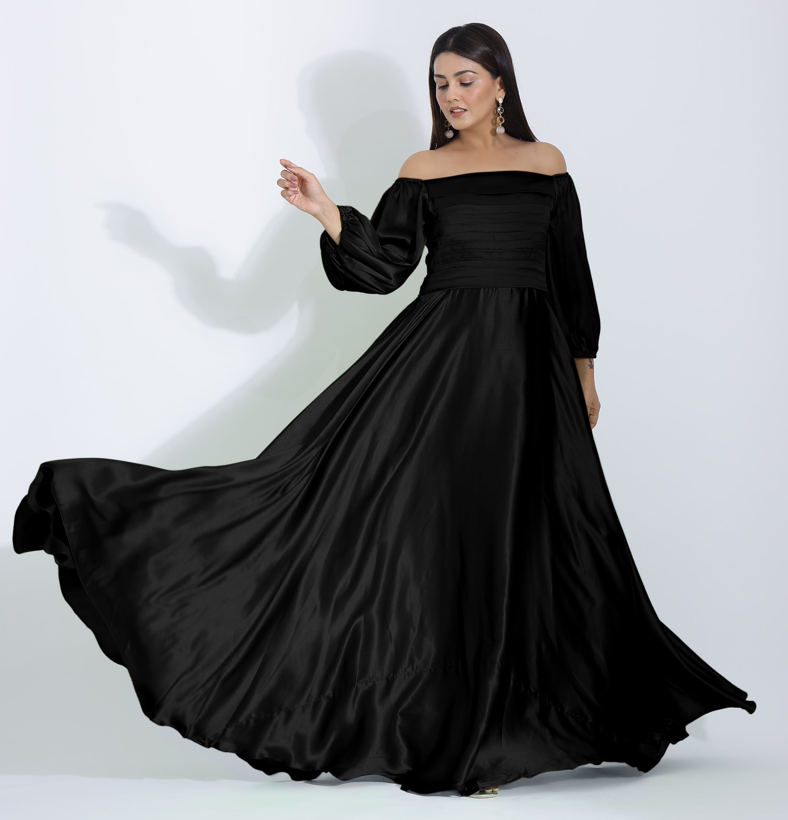 Black Pleated Off Shoulder Gown full