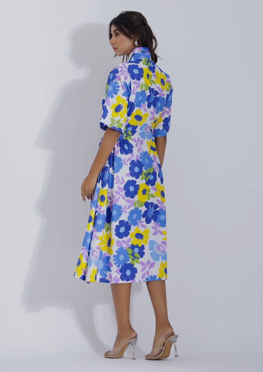 Blue Cute Floral A Line Midi Dress