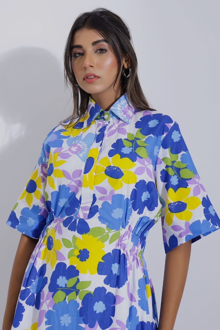 Blue Cute Floral A Line Midi Dress