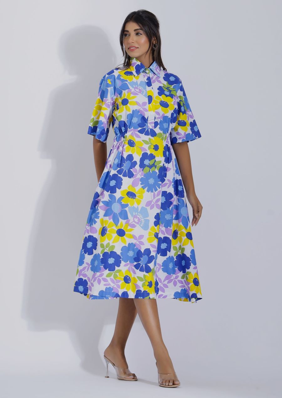 Blue Cute Floral A Line Midi Dress