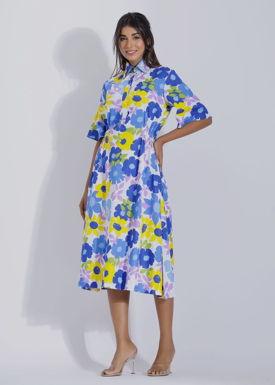 Blue Cute Floral A Line Midi Dress