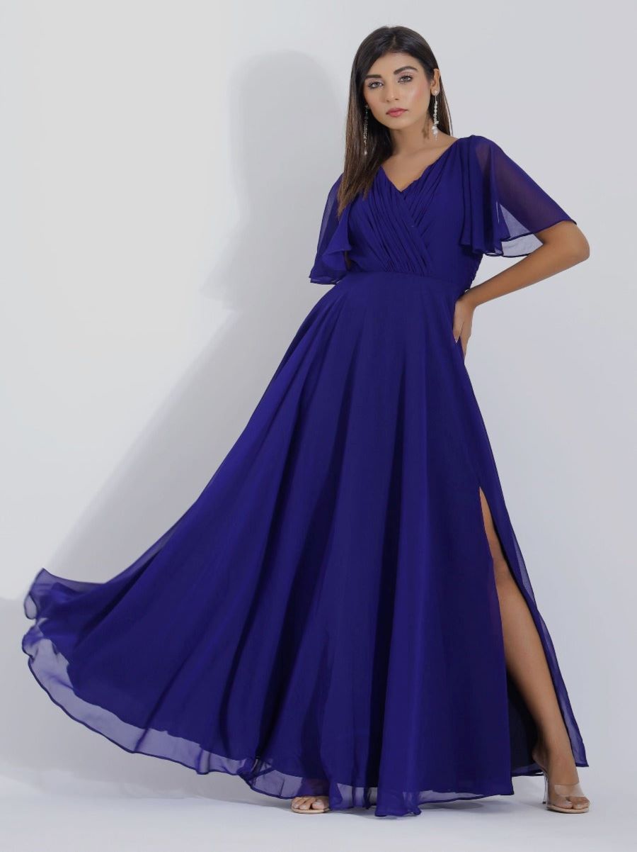 Blue Georgette Gown With Slit