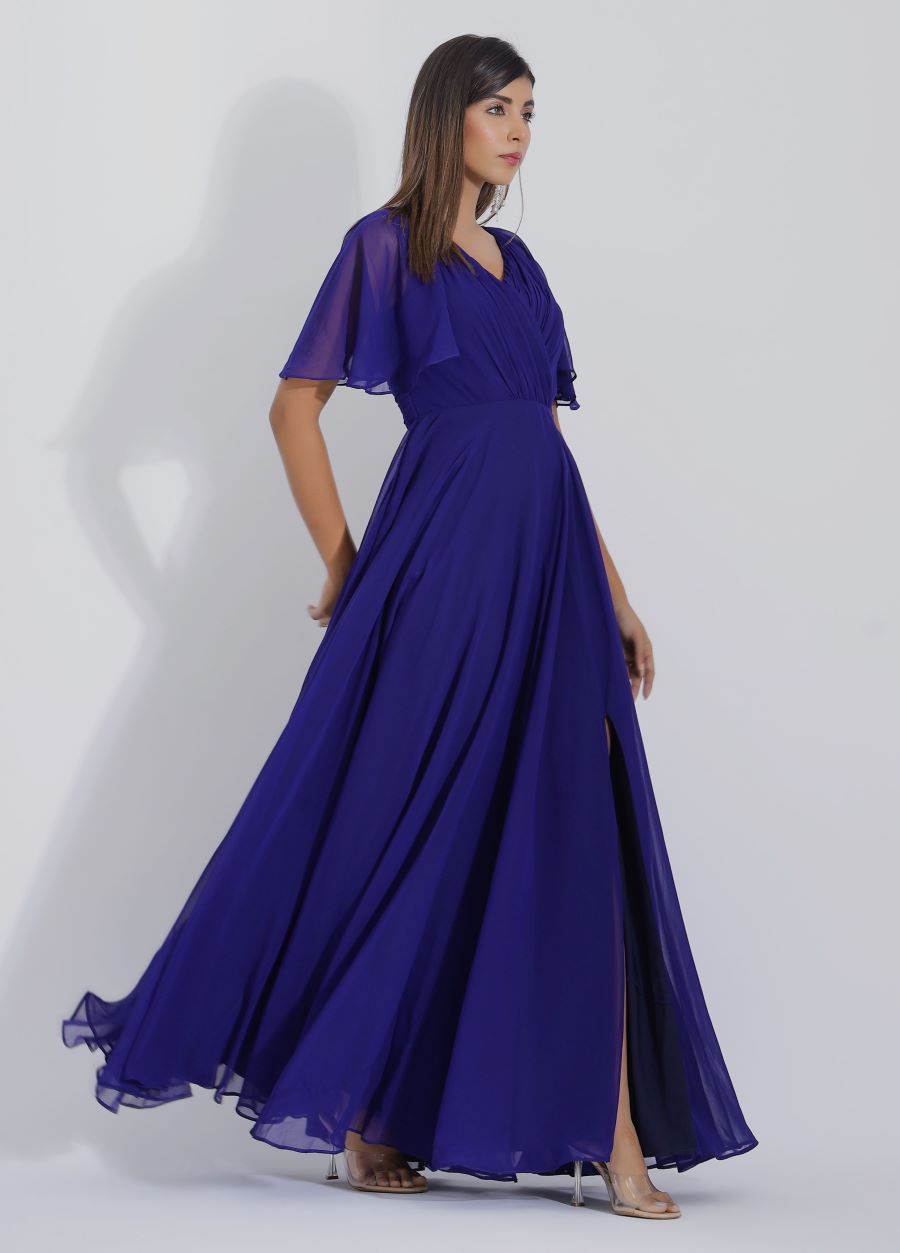 Blue Georgette Gown With Slit