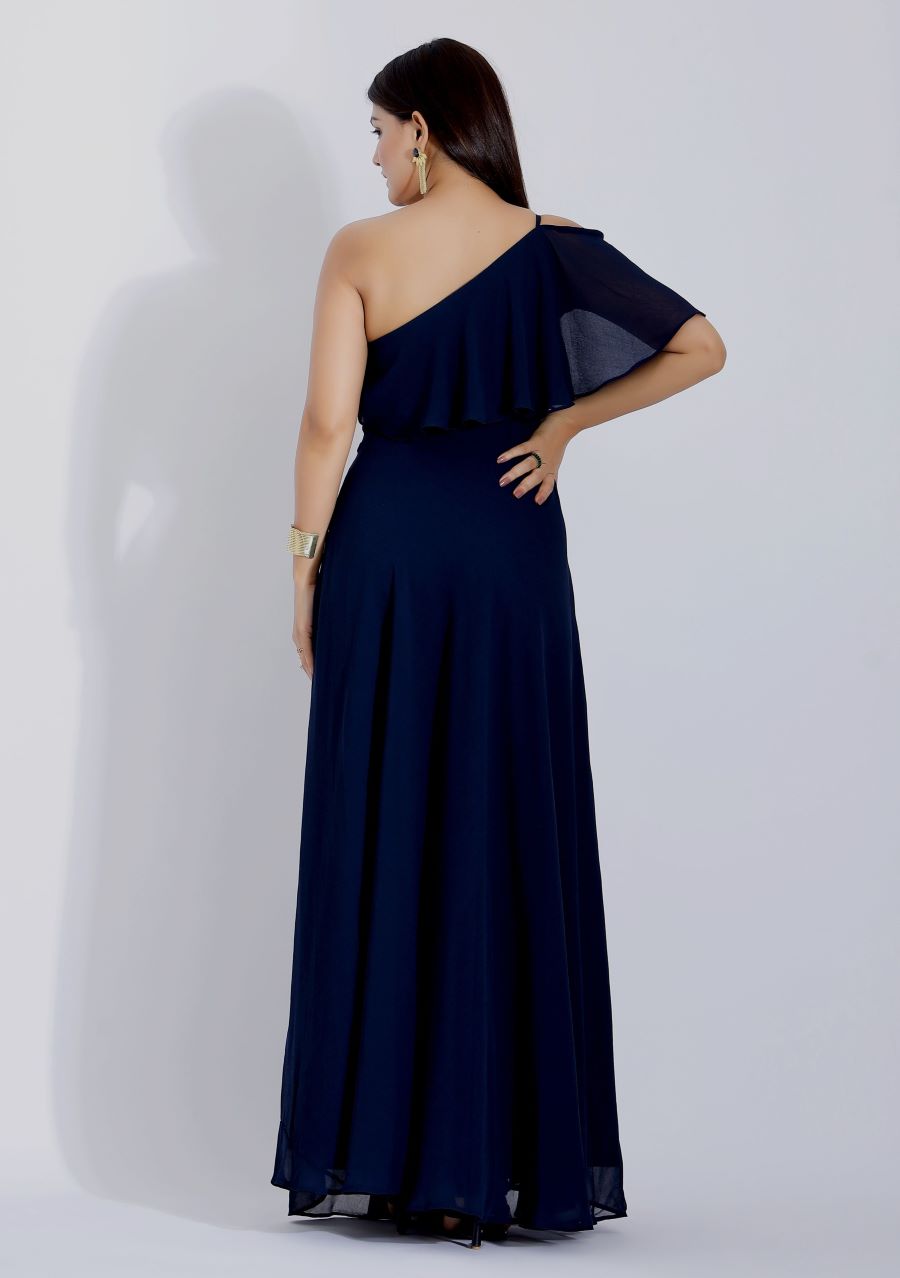 Blue Long Ruffle Maxi Dress with Slit