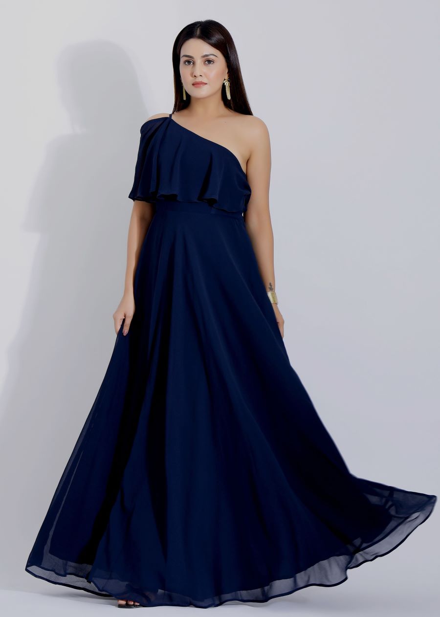 Blue Long Ruffle Maxi Dress with Slit