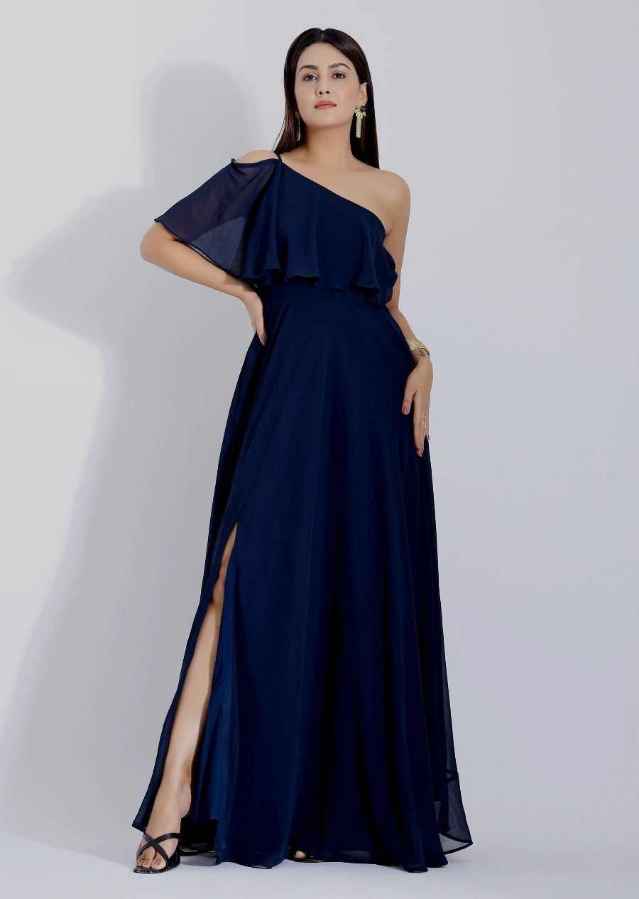 Blue Long Ruffle Maxi Dress with Slit