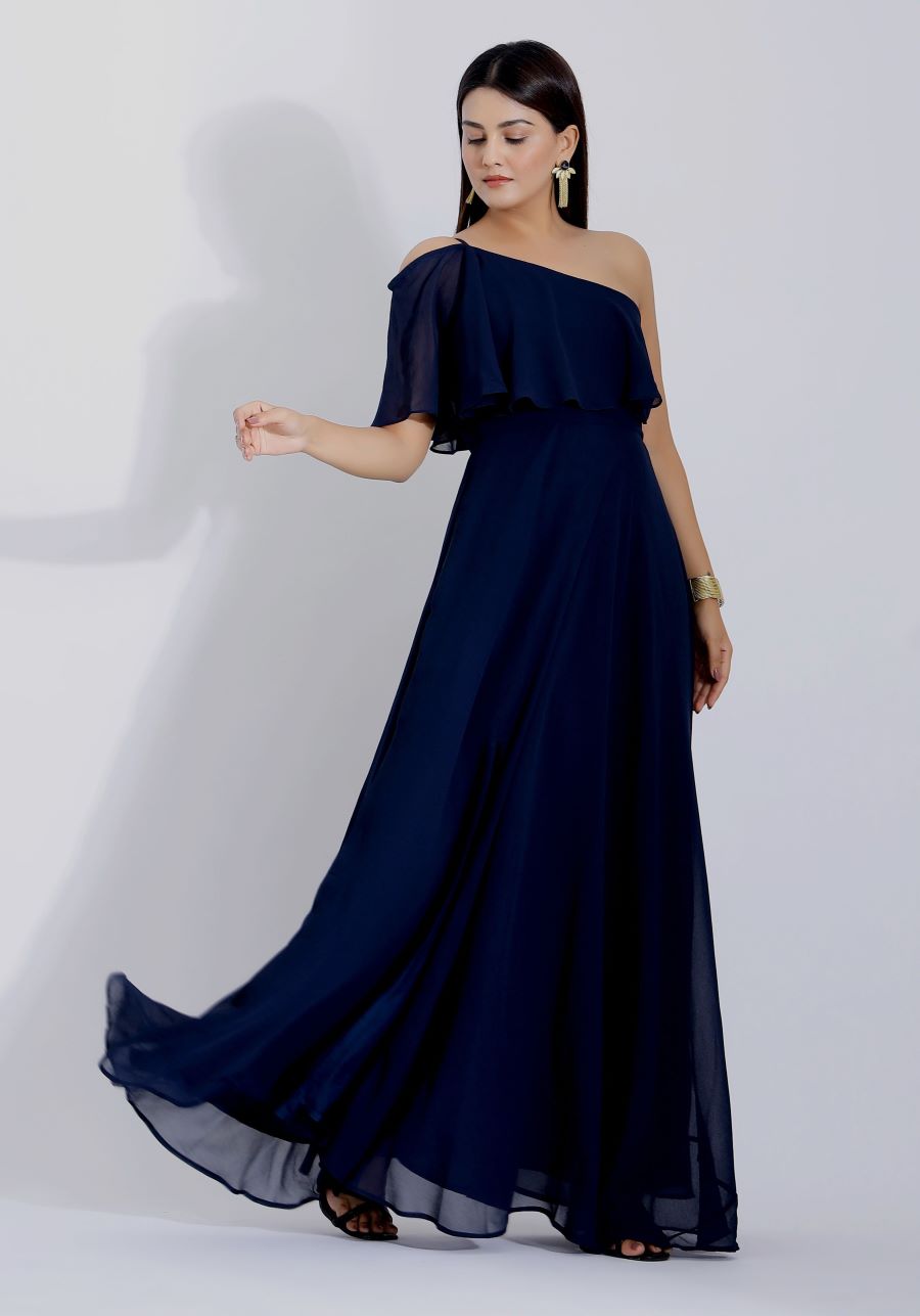 Blue Long Ruffle Maxi Dress with Slit