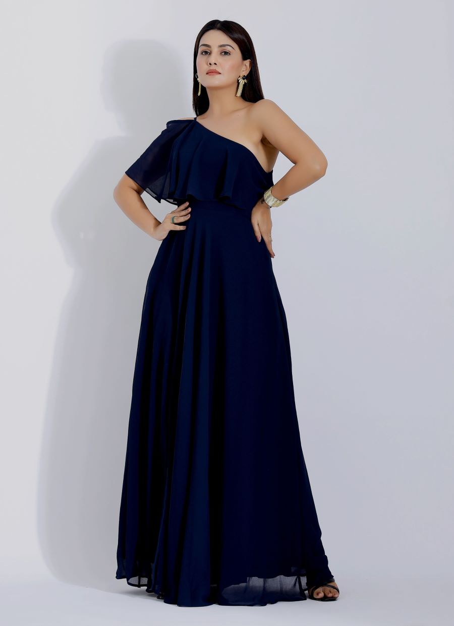 Blue Long Ruffle Maxi Dress with Slit