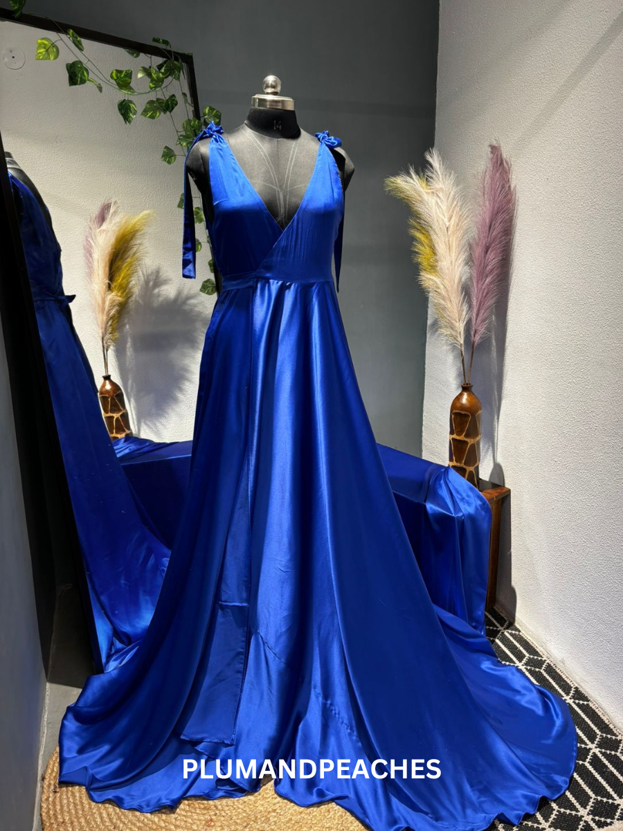 Blue Long Photoshoot Dress, Satin Long Flying Dress