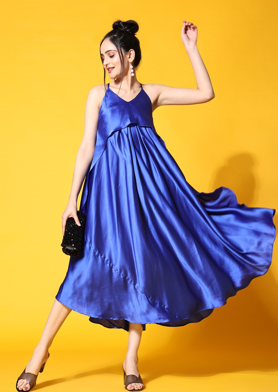 blue flowy cocktail dress front 1