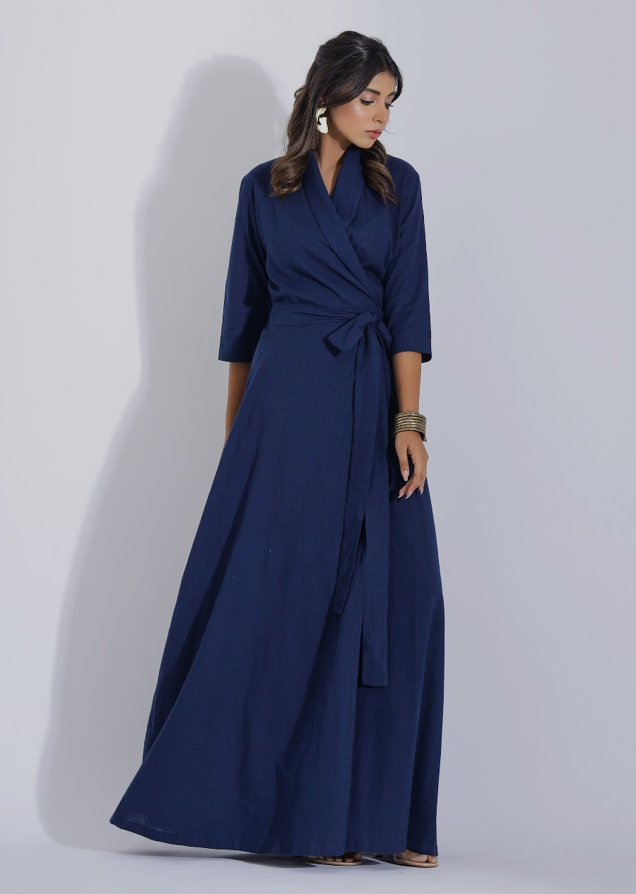 Blue Wrap Ankle Length Dress 3
