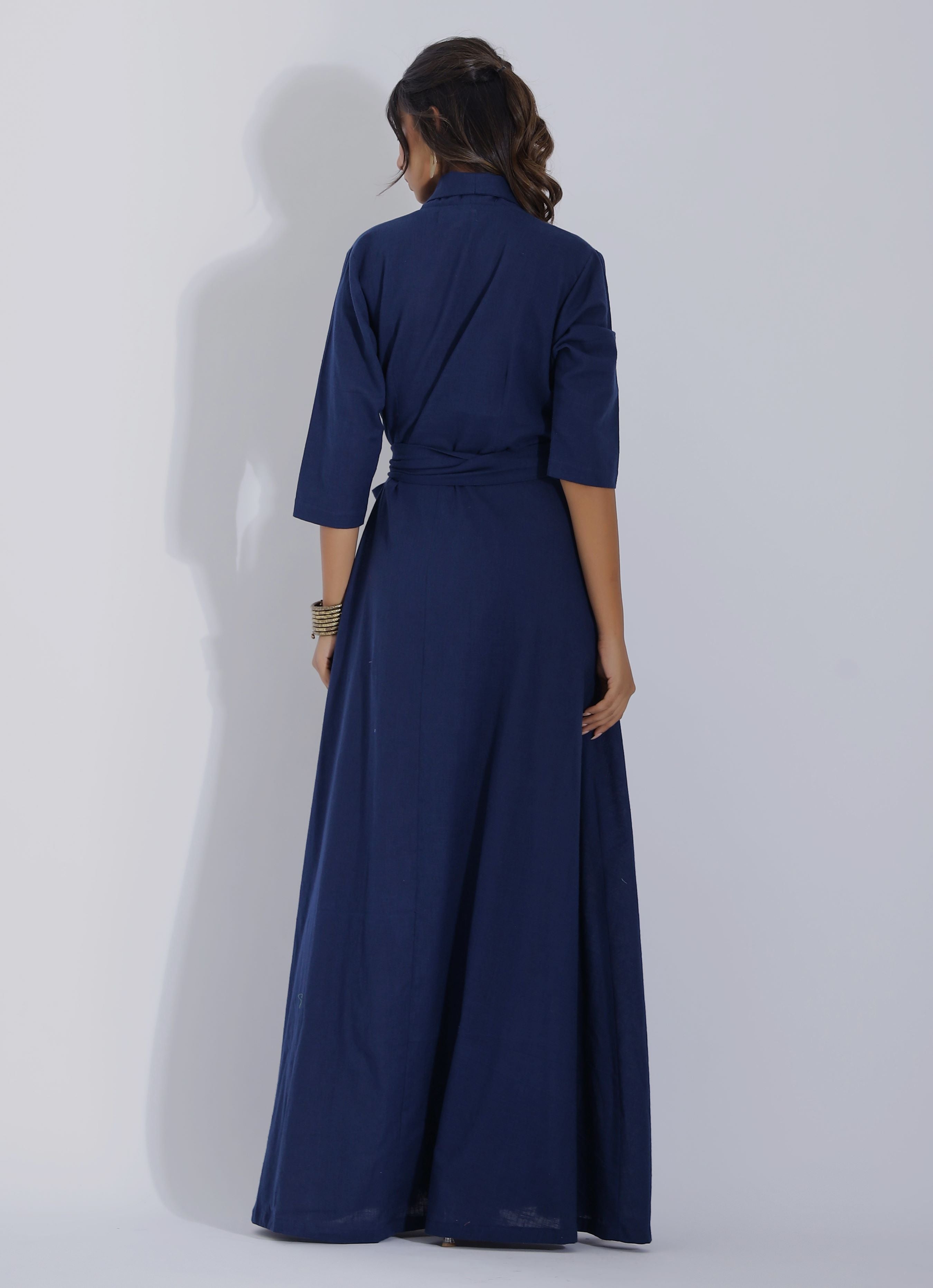 Blue Wrap Ankle Length Dress Back