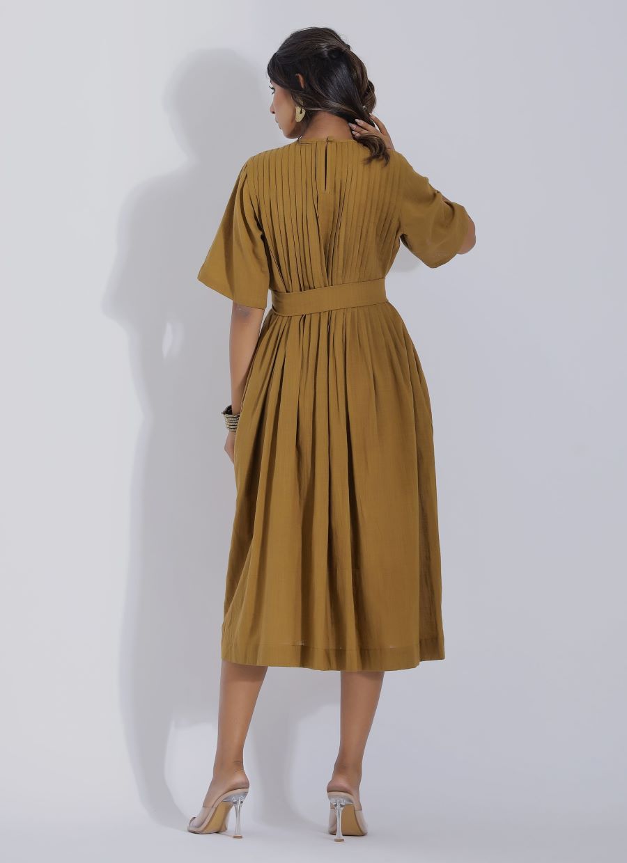Brown Colour Linen Midi Dress with Pockets