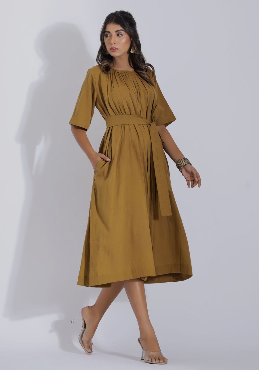 Brown Colour Linen Midi Dress with Pockets