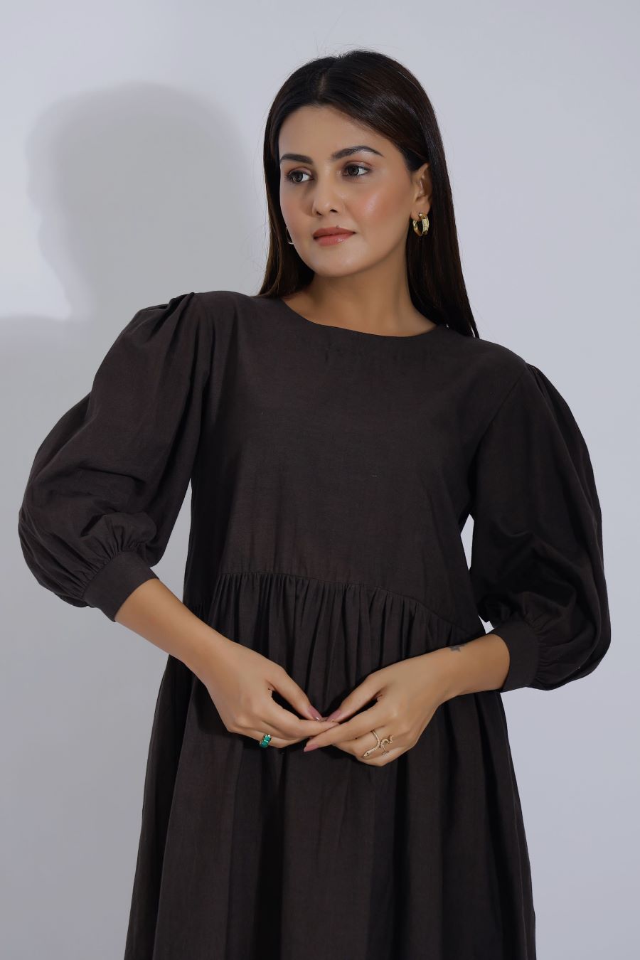 Brown Linen Midi Dress for Women