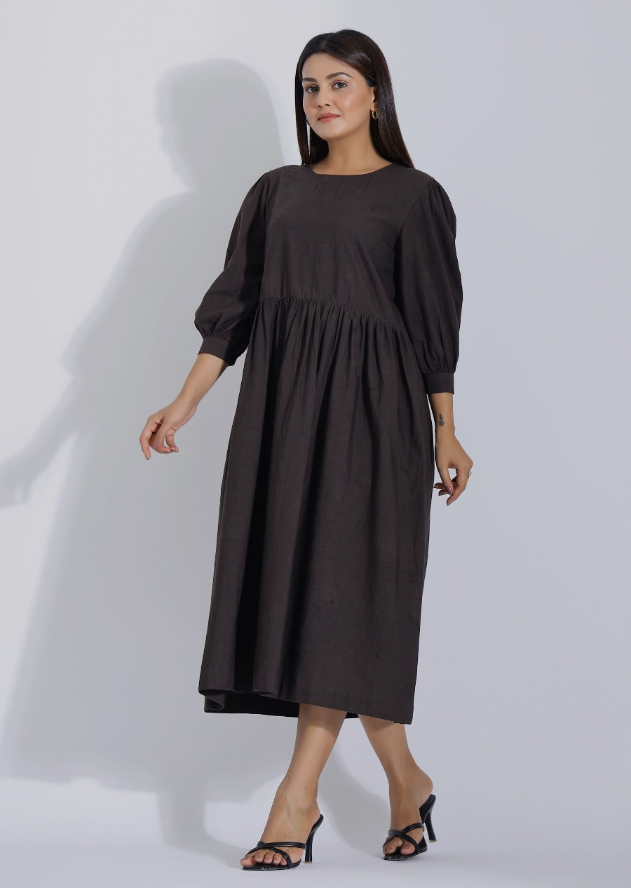 Brown Linen Midi Dress for Women