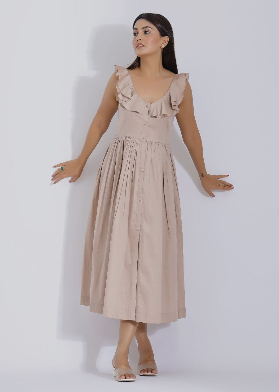 Casual Beige Color Cotton Midi Dress for Women