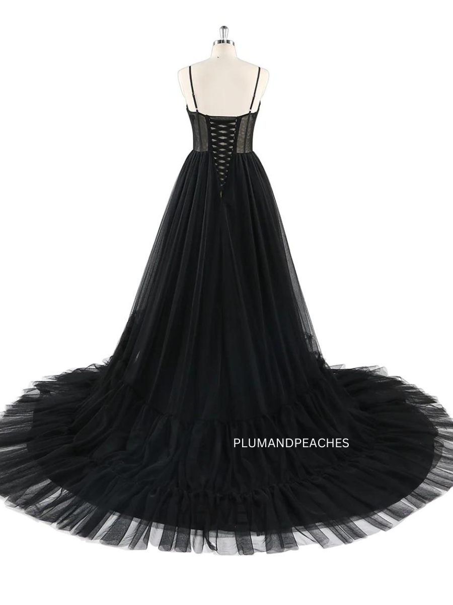 pre wedding black dress A-Line Tulle Open Back Black Gothic Wedding Dresses COCOMELODY CW2338, 35 Days / Black / US10-UK12-EUR40
