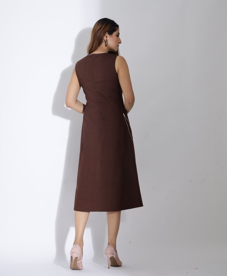 Cotton Lycra Brown Midi Dress with Pockets