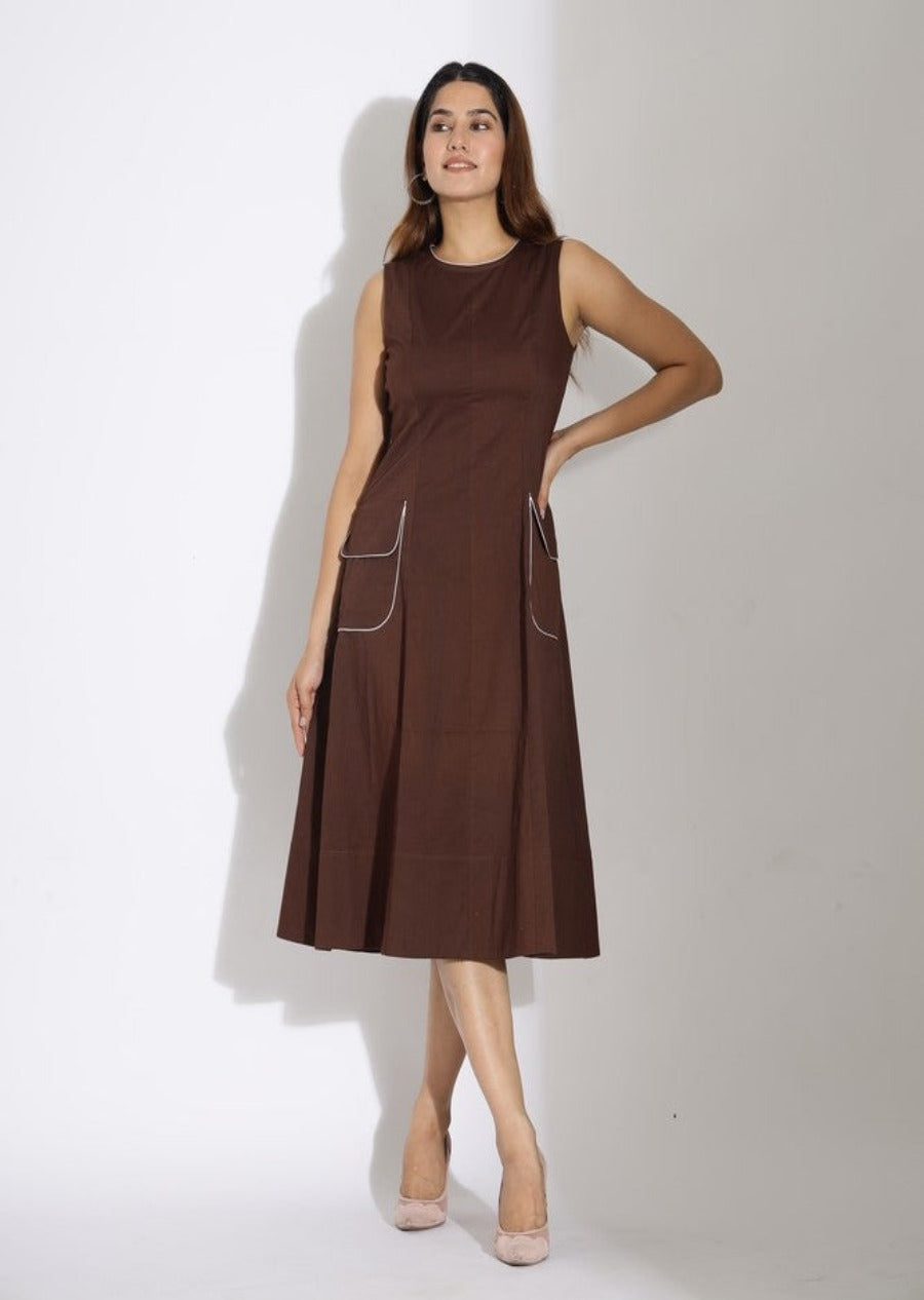 Cotton Lycra Brown Midi Dress with Pockets