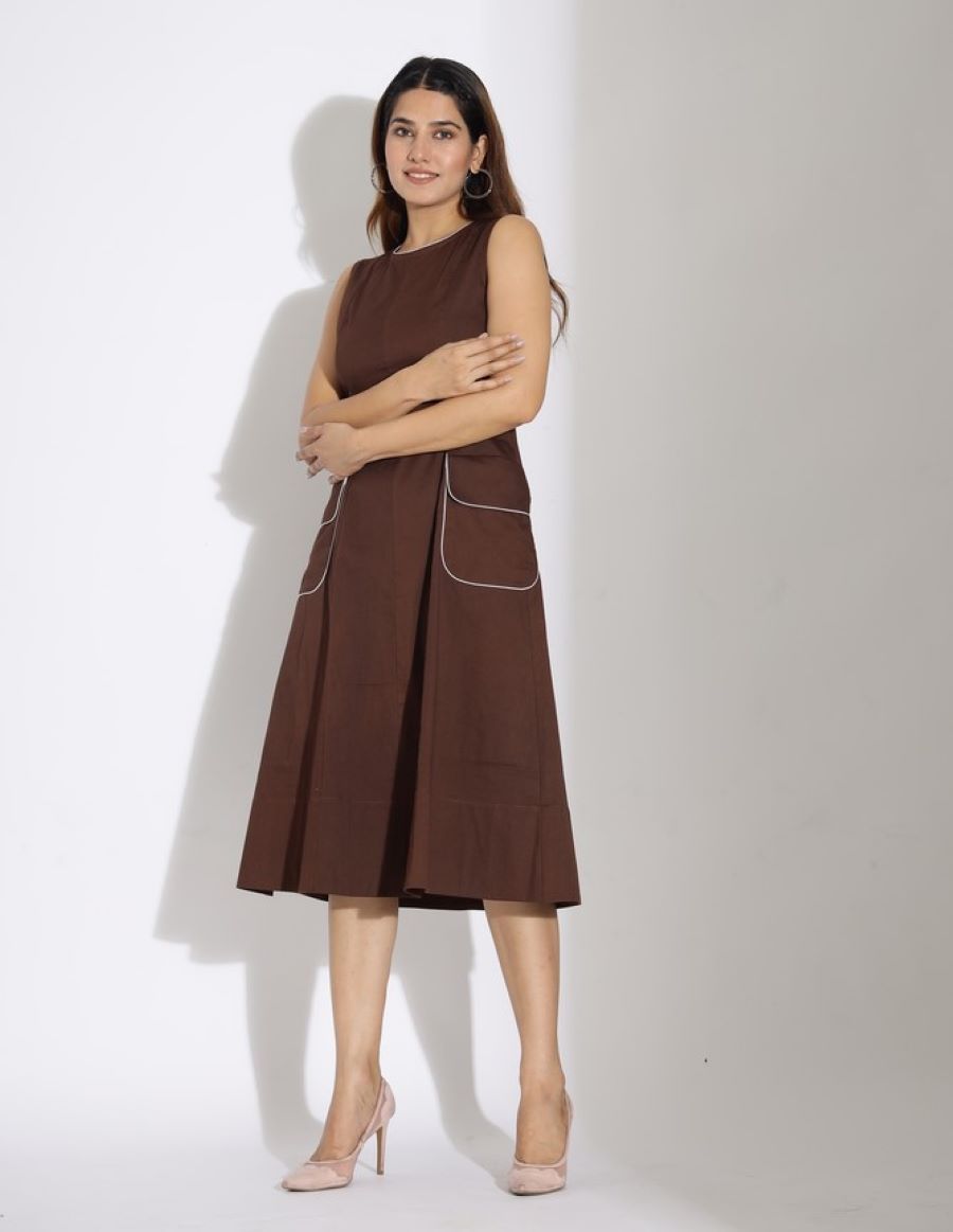 Cotton Lycra Brown Midi Dress with Pockets