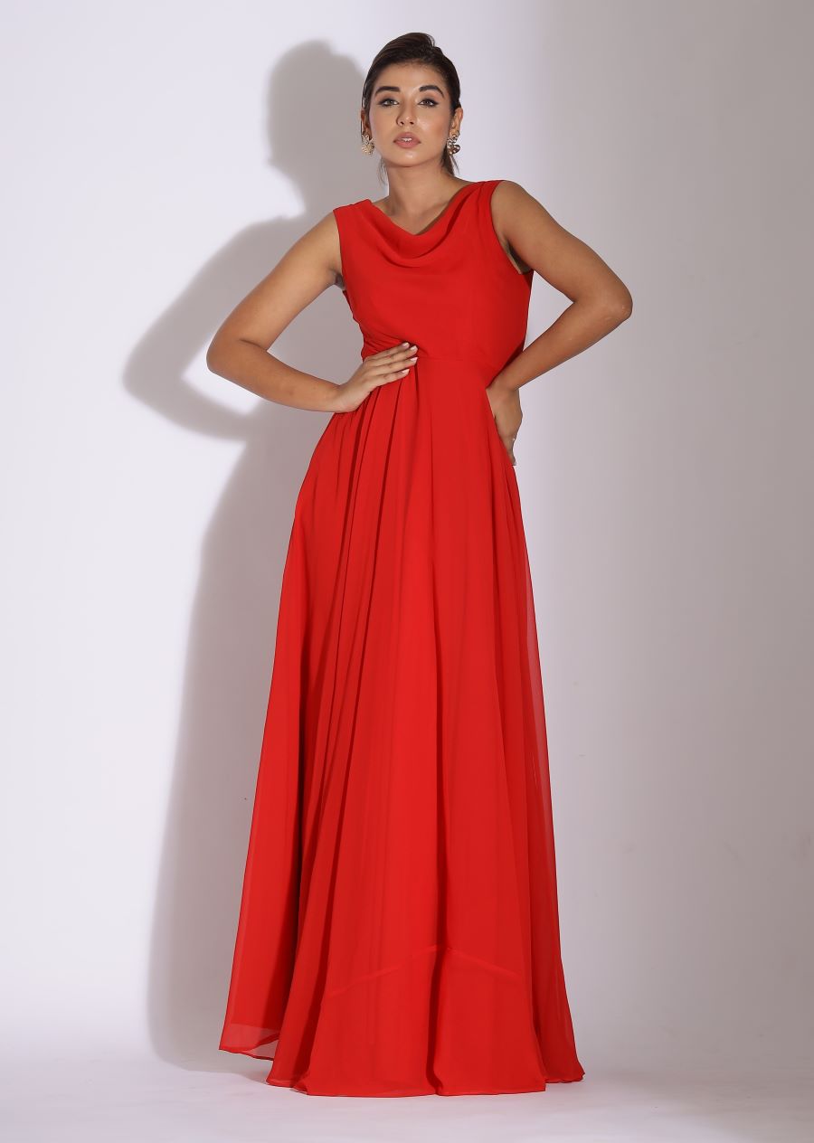 Cowl Neck Red Colour Maxi Dress for Women