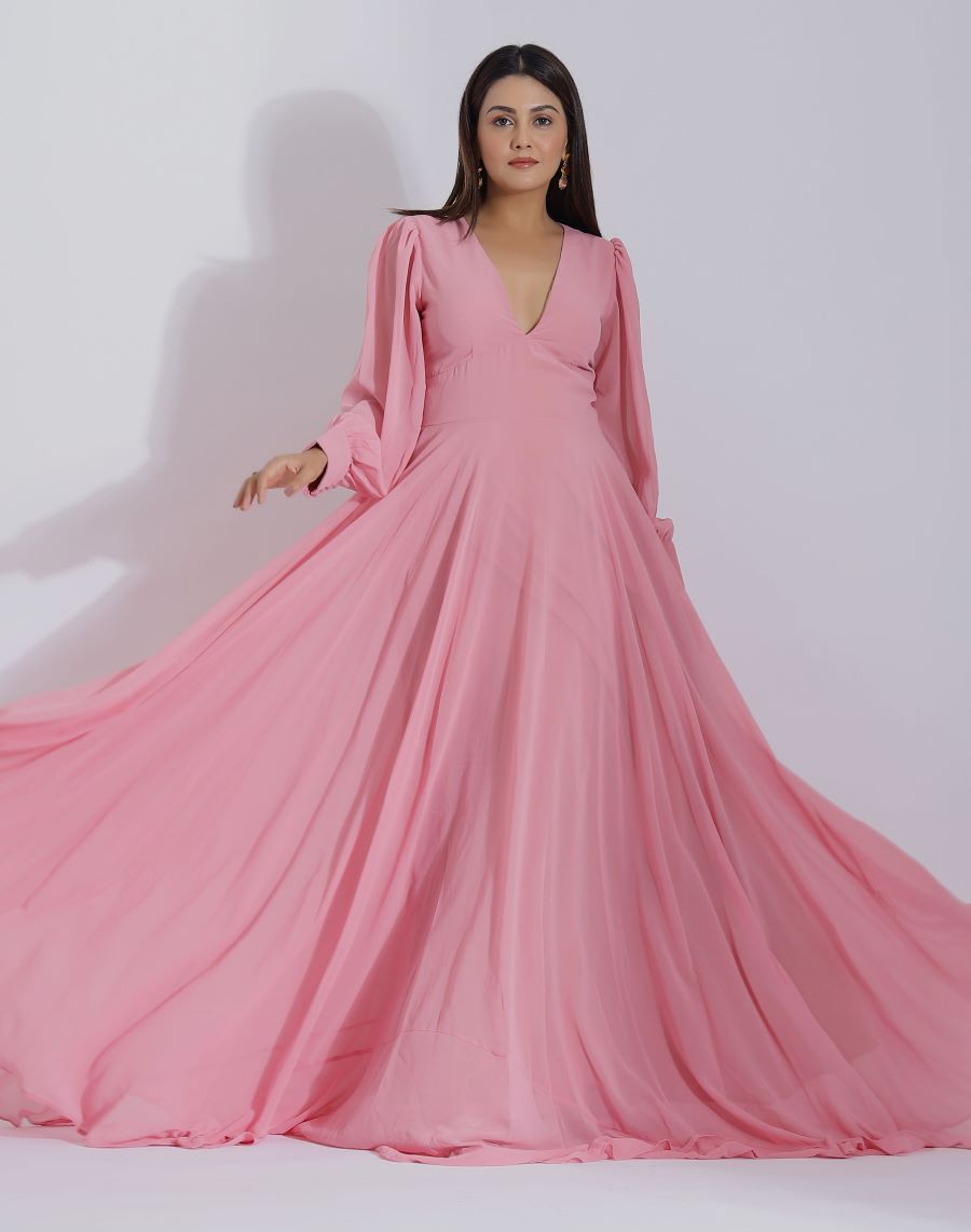 Deep V Baby Pink Gown For Women With Sleeves