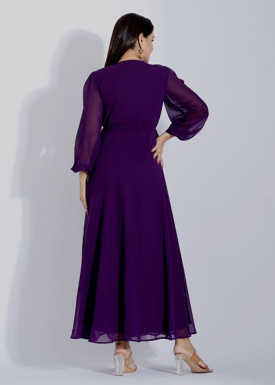 Deep V Neck Purple Gown with Long Sleeves