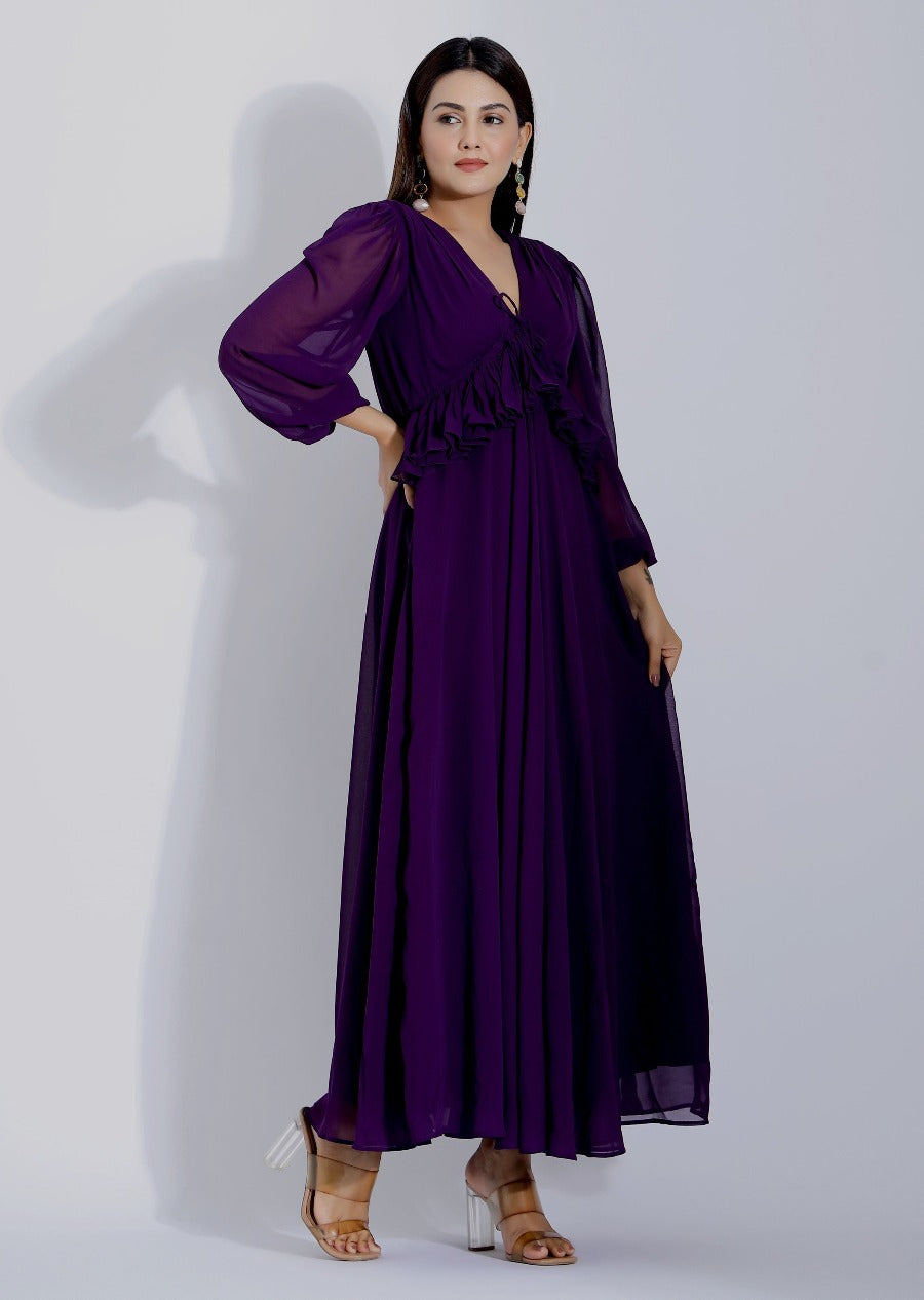 Deep V Neck Purple Gown with Long Sleeves
