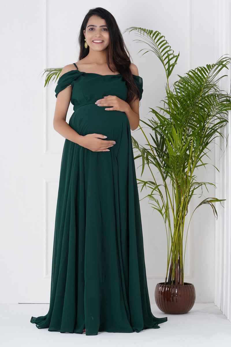 Timeless Elegance Emerald Green Maternity Gown with Cold Shoulder