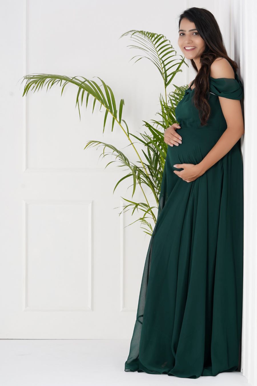 Timeless Elegance: Emerald Green Maternity Gown with Cold Shoulder Sleeves Plum and Peaches Timeless Elegance: Emerald Green Maternity Gown with Cold Shoulder Sleeves Plum and Peaches