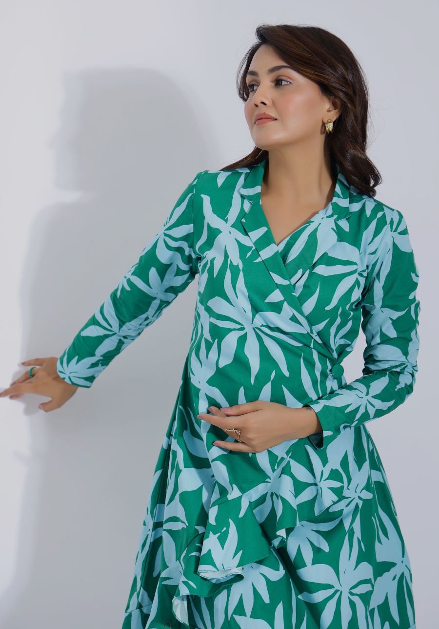 Green Blazer Dress for Women in Leaf Print