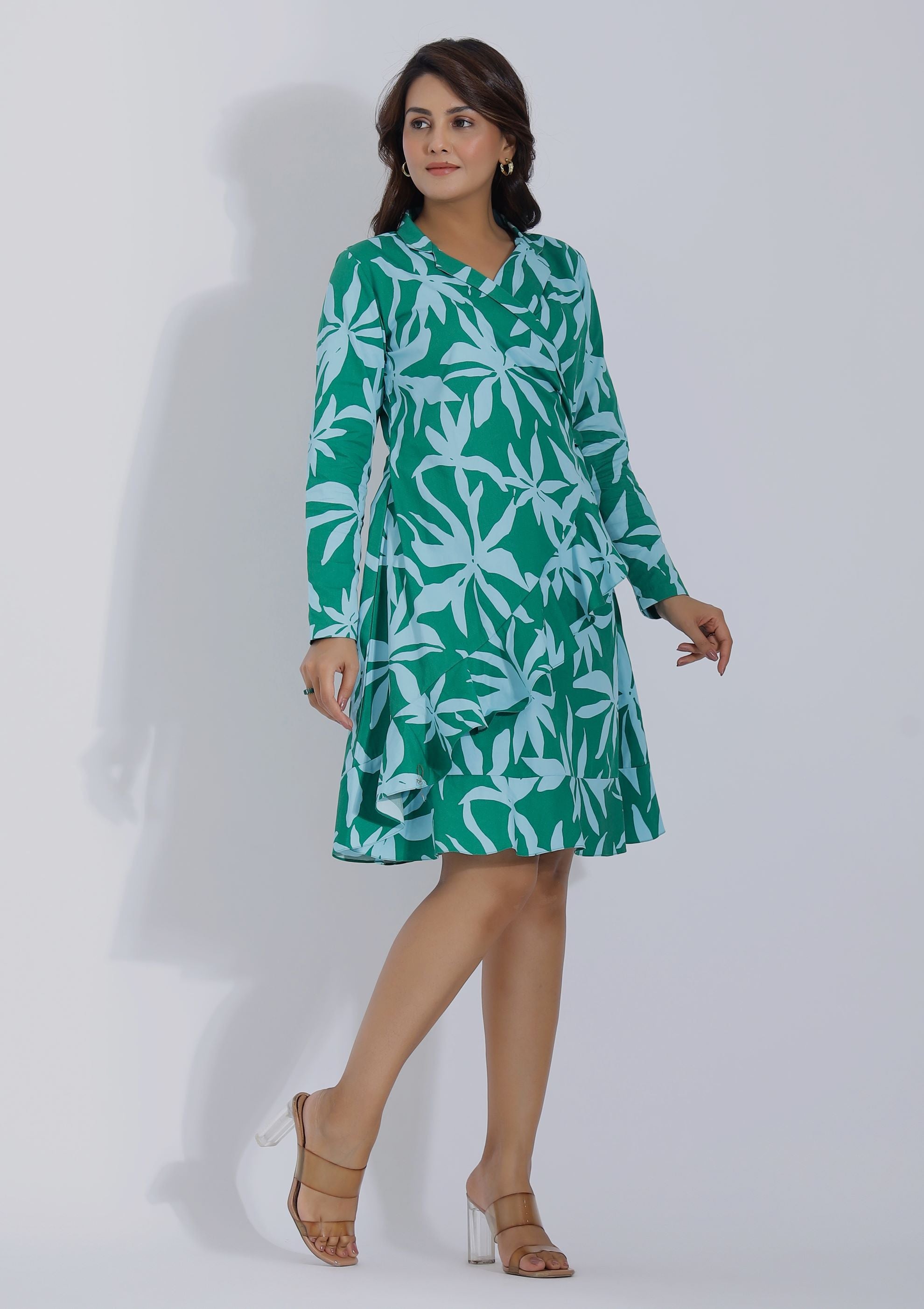 Green Blazer Dress for Women in Leaf Print