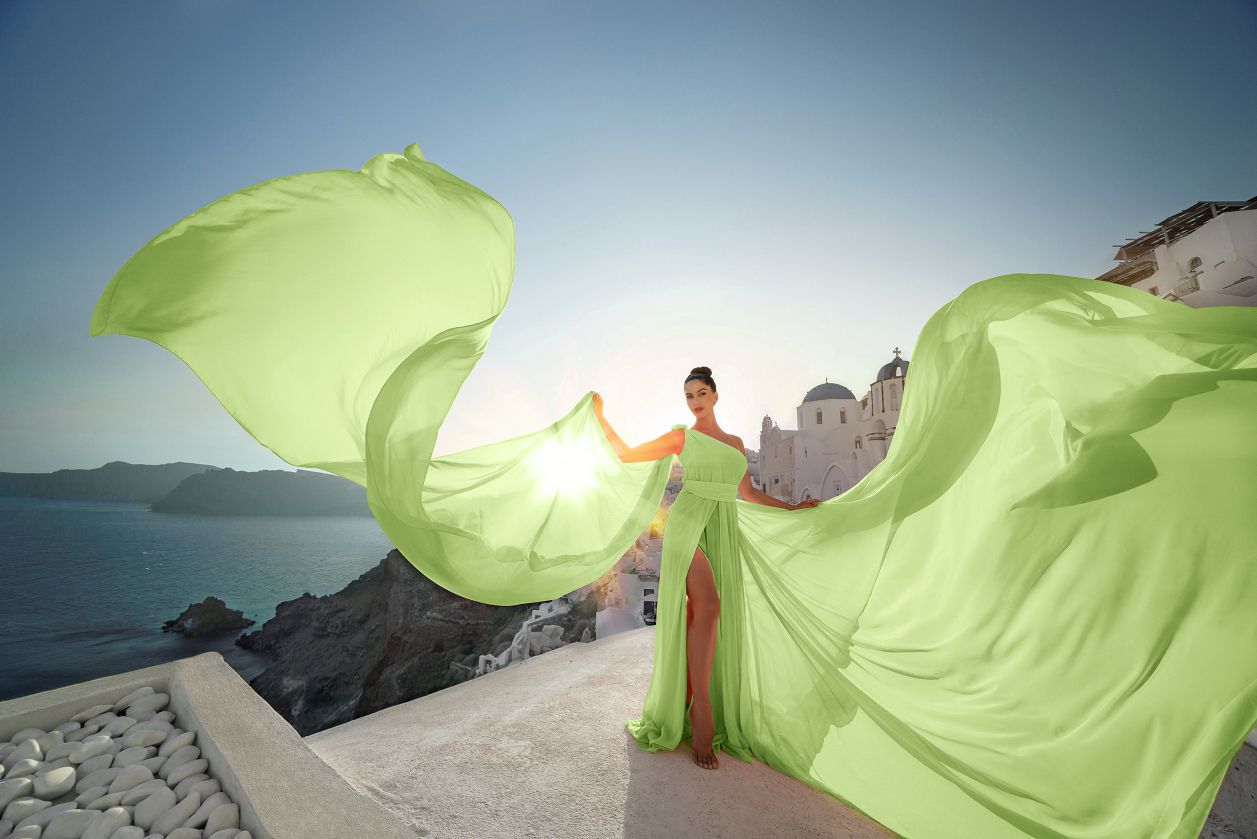 Green one shoulder long flying dress