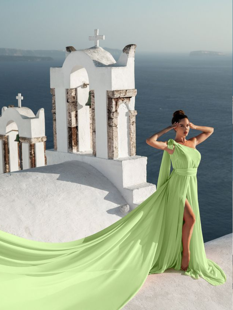 Green one shoulder long flying dress